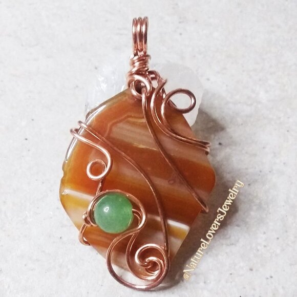 Sleek Copper Wire Wrap! Banded Agate + Green Aventurine Pendant - Casual Chic! - Picture 3 of 10